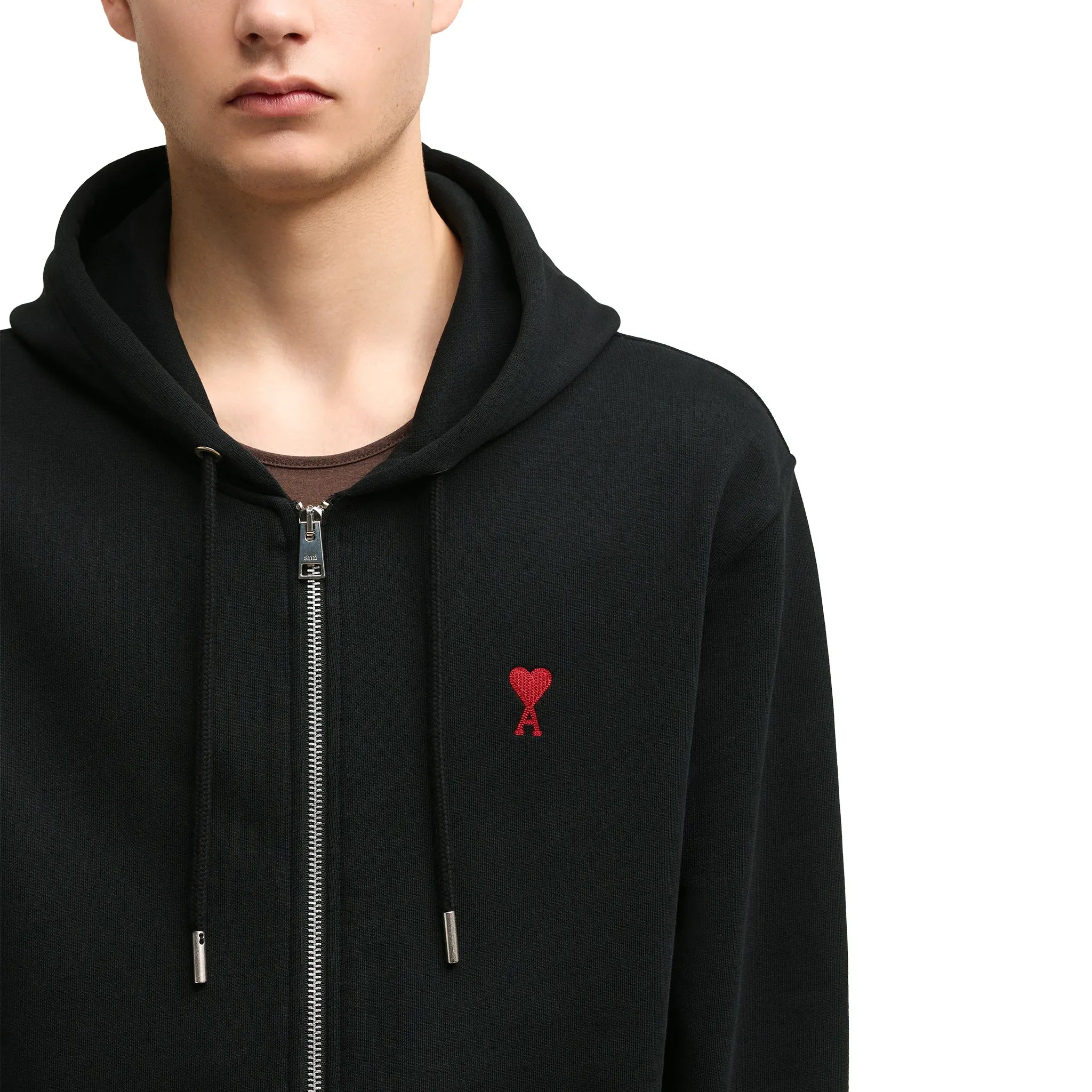 Model detail view of Ami Paris Ami De Coeur Cotton Black Zip-Up Hoodie USW415747001